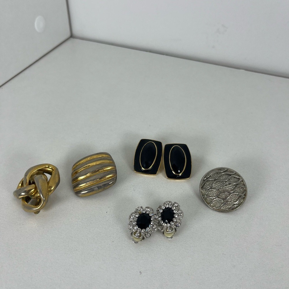 Vintage Clip On Earring Lot 5 Pairs Gold Silver Tone Enamel Rhinestone Statement
